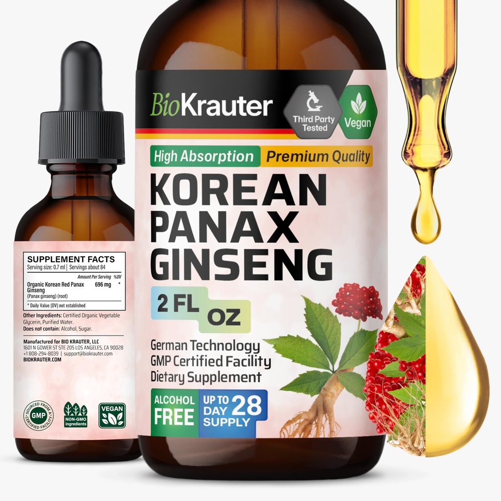 BIO KRAUTER Panax Ginseng Extract Liquido - Coreano Rosso Ginseng Supplemento Alcol Libero - Supporto Immune - Vegan, Sugar Free - 2 Fl.Oz.