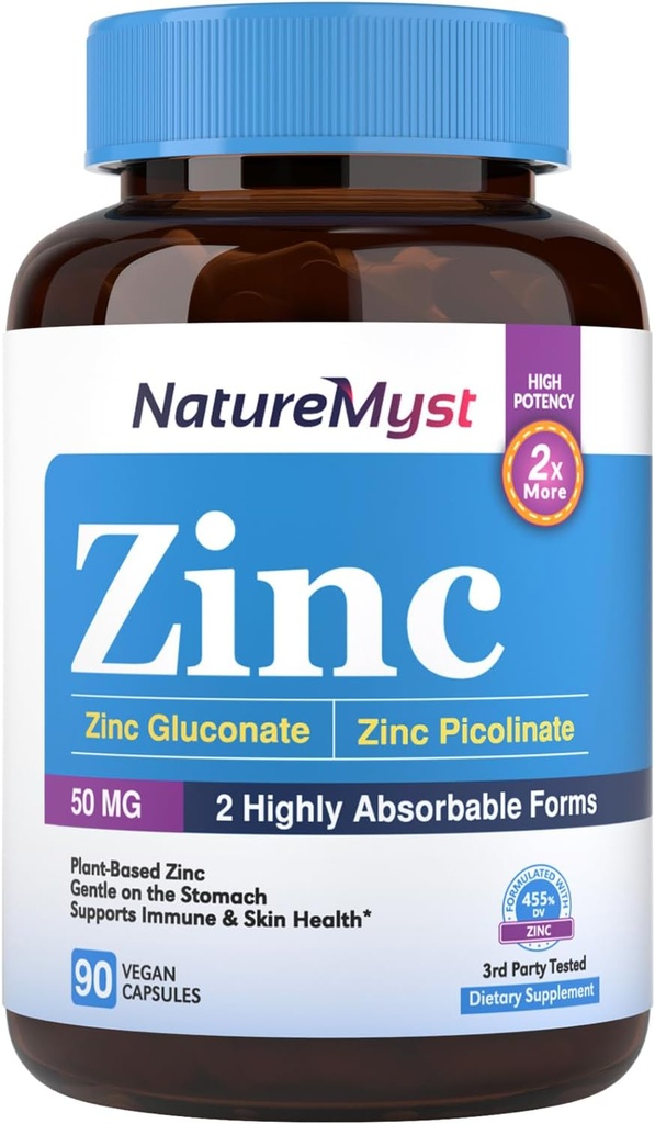 Le zinc, le gluconate de zinc hautement absorbant et le picolinate de zinc, 50 mg de zinc élémentaire, doux sur l'estomac, l'Immune, la santé des cellules et de la peau, 90 capsules véganes