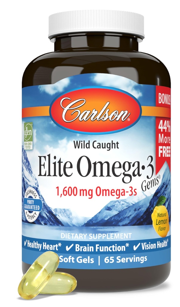 Carlson - Elite Omega-3-Edelsteine, 1600 mg Omega-3-Fettsäuren, einschließlich EPA und DHA, Norwegisch, Fischölergänzung aus Wildfang, nachhaltig gewonnene Omega-3-Fischölkapseln, Zitrone, 130 Softgels