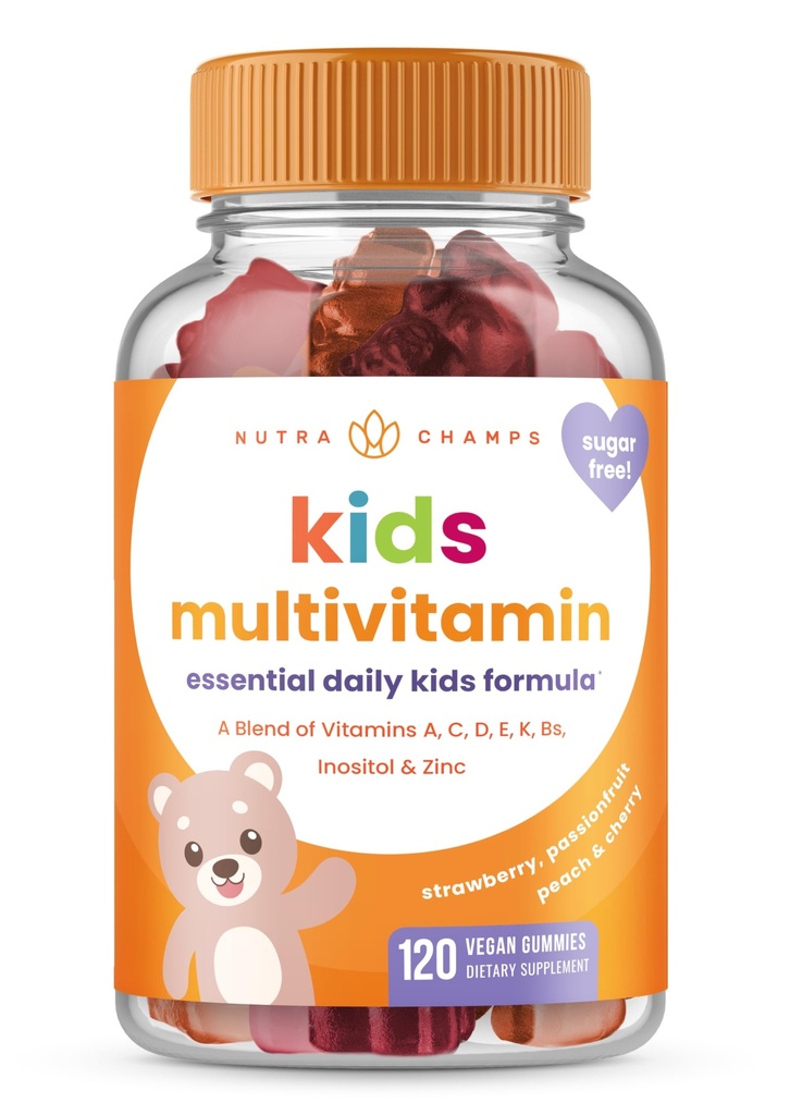 NutraChamps Kinder Multivitamin Gummie | Zucker Kostenlose 120 Gummy Vitamine für Kinder | Vegan & Non-GMO | Erdbeere, Passionsfrucht, Pfirsich & Kirsche