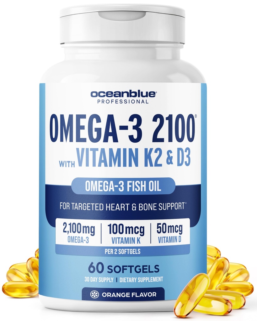 Oceanblue Professional Omega-3 2100 mit Vitamin K2 und Vitamin D3-60 Count - Dreifache Stärke Burpless Fischöl Omega-3-Ergänzung mit EPA, DHA & DPA - Wild gefangen - Orangengeschmack, 30 Portionen