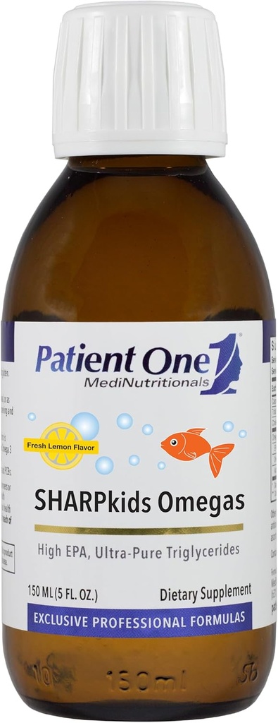 Patient 1 SHARPkids Omégas Liquid, supplément pour soutenir la santé du coeur, du cerveau et des articulations.