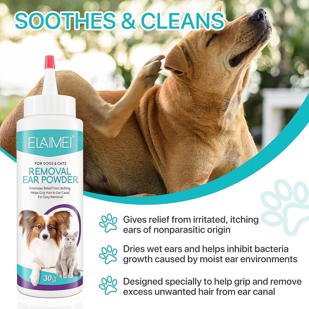Nettoyeur d'oreille de chien, lavage d'oreilles pour chiens et chats, poudre d'enlèvement de cheveux d'oreille de chien, traitement d'infection d'oreille de chien, élimine efficacement les débris, la cire, le buildup et l'odeur de l'oreille, adoucit les démangeaisons et les oreilles enflammées