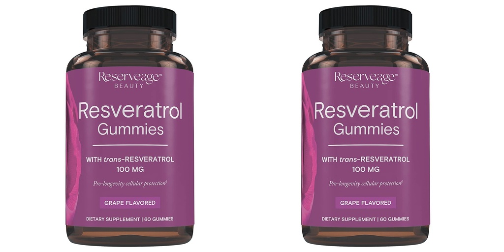 Réserve Beauté- Résvératrol Gommies 100 mg, Supplément antioxydant pour la santé cardiaque, Supplément antioxydant soutient le vieillissement en santé, Vegan - 2 Pack