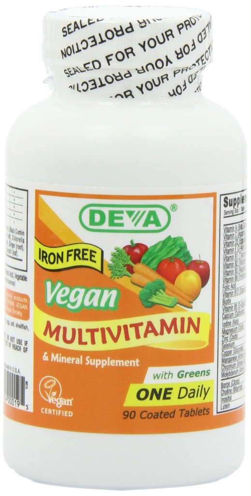 DEVA Vegan eisenfreie Multivitamin & Mineral Supplement, Green Food Blend, Spirulina, Chlorella, Ashwagandha, Broccoli, 90 beschichtete Tabletten
