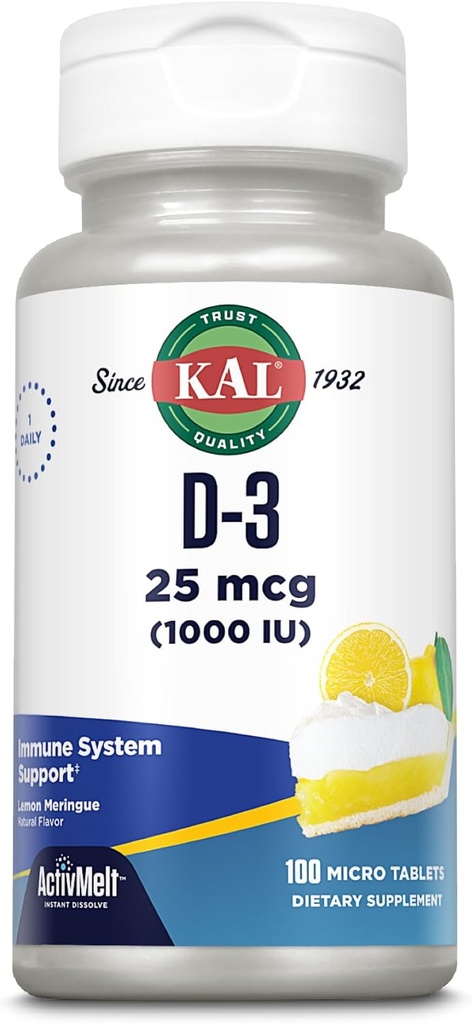 KAL Vitamin D-3 1000 IU | Natürliche Lemon Flavor ActivMelt Micro Tablets | Gesunde Immunfunktion & Knochenunterstützung | 100ct