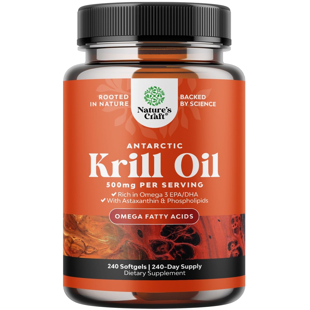 Antarctic Krill Oil 500mg Softgels - Omega 3 Krill Ölergänzung mit EPA DHA & Astaxanthin für Brain Joint & Heart - 3rd Party Lab Tested No Gluten GMOs oder Fishy Nachgeschmack (bis zu 8 Monate Versorgung)
