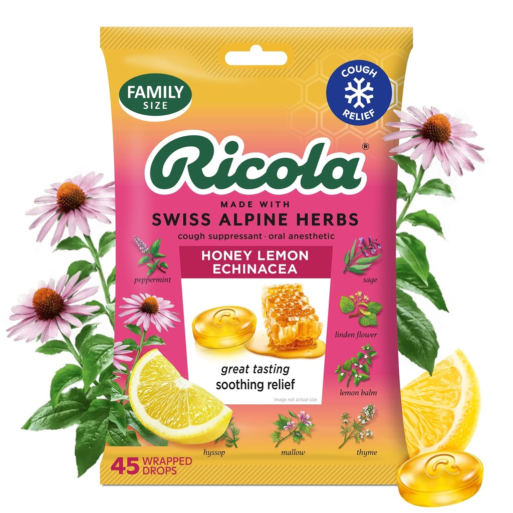Ricola Honey Lemon mit Echinacea Cough Drops, 45 Count, Delicious Throat Relief & Care, Oral Anesthetisch, Natürlich aromatisiert
