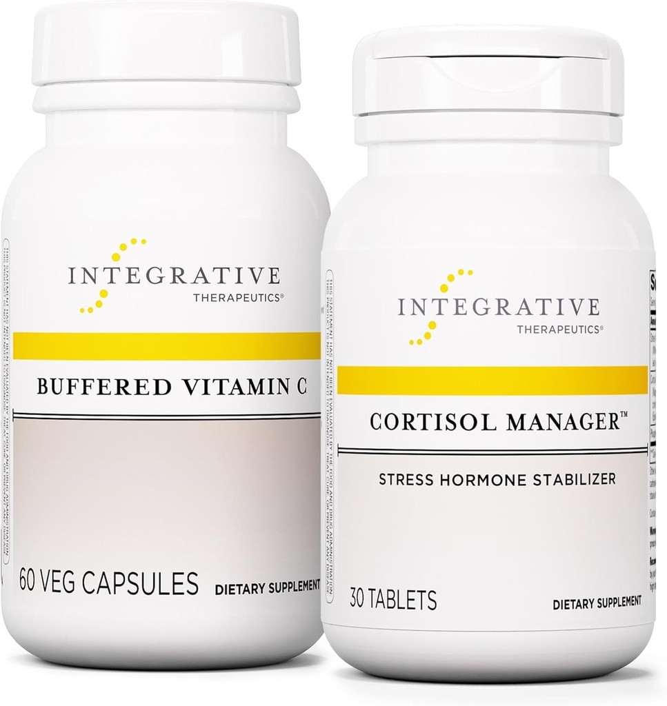 Integrative Therapie Bundle mit Cortisol Manager, 30 Tabletten - Gepufferte Vitamin C Kapseln 1.000 mg, 60 Vegan Kapseln - Stress Supplement mit Ashwagandha* - Immunergänzung mit Antioxidantien*