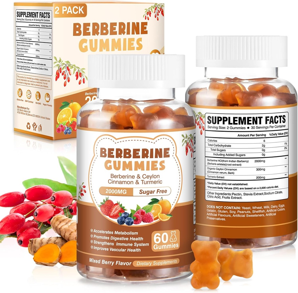 120 Count Berberine Estratto di Gummies 2000mg Natural Organic Berberine Extract HCI Supplemento con Ceylon Cinnamon Turmerico per le donne Men Supporto Digestivo Sistema Immune Metabolismo Mixed Berry Flavor