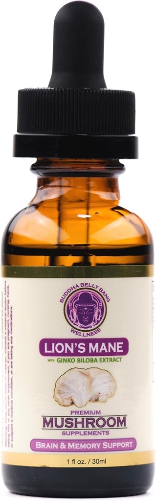Lions Mane Mushroom Supplement - Funghi organici - Doppia estrazione olio Tincture w/ Ginkgo Biloba - Supporto per cervello, memoria, messa a fuoco, Gut Health - 30ml, 1 Fl Oz (Pack of 1)