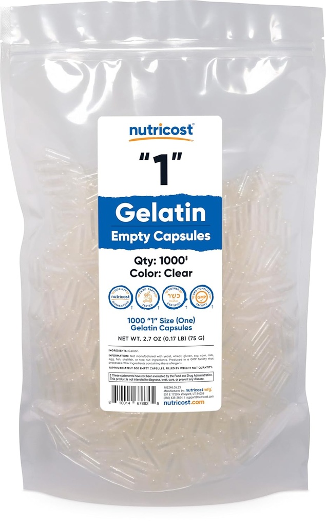 Nutricost Leere Kapseln Gelatine Größe 1-1000 Klare Leere '1' Gel Kapseln - Kosher, Non-GMO, Soy Free, Glutenfrei