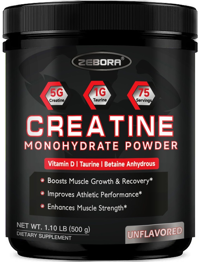 ZEBORA Poudre micronisée monohydratée en créatine, monohydratée en créatine pour les femmes-hommes, aide à la récupération musculaire, améliore la taille et la force musculaires avec la créatine 5G et la taurine 1G