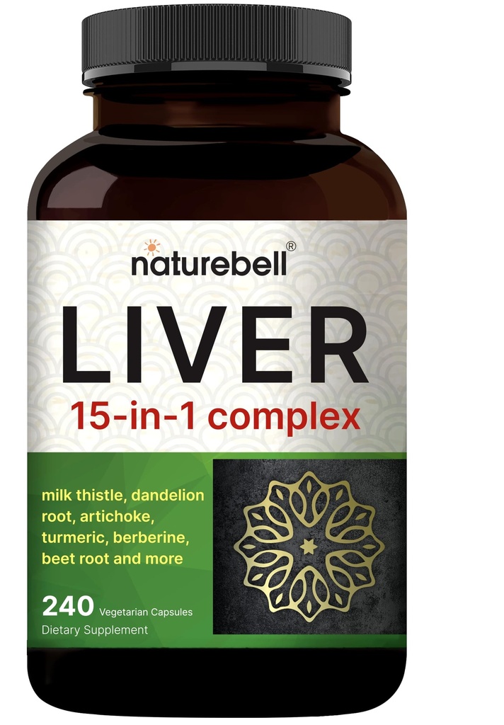 Complexe hépatique 15-in-1, 240 Capsules de légumes - Thistle de lait, racine de dandelion, artichaut, huile de Currant Noir, curcuma, chicorée, zinc, choline, et plus