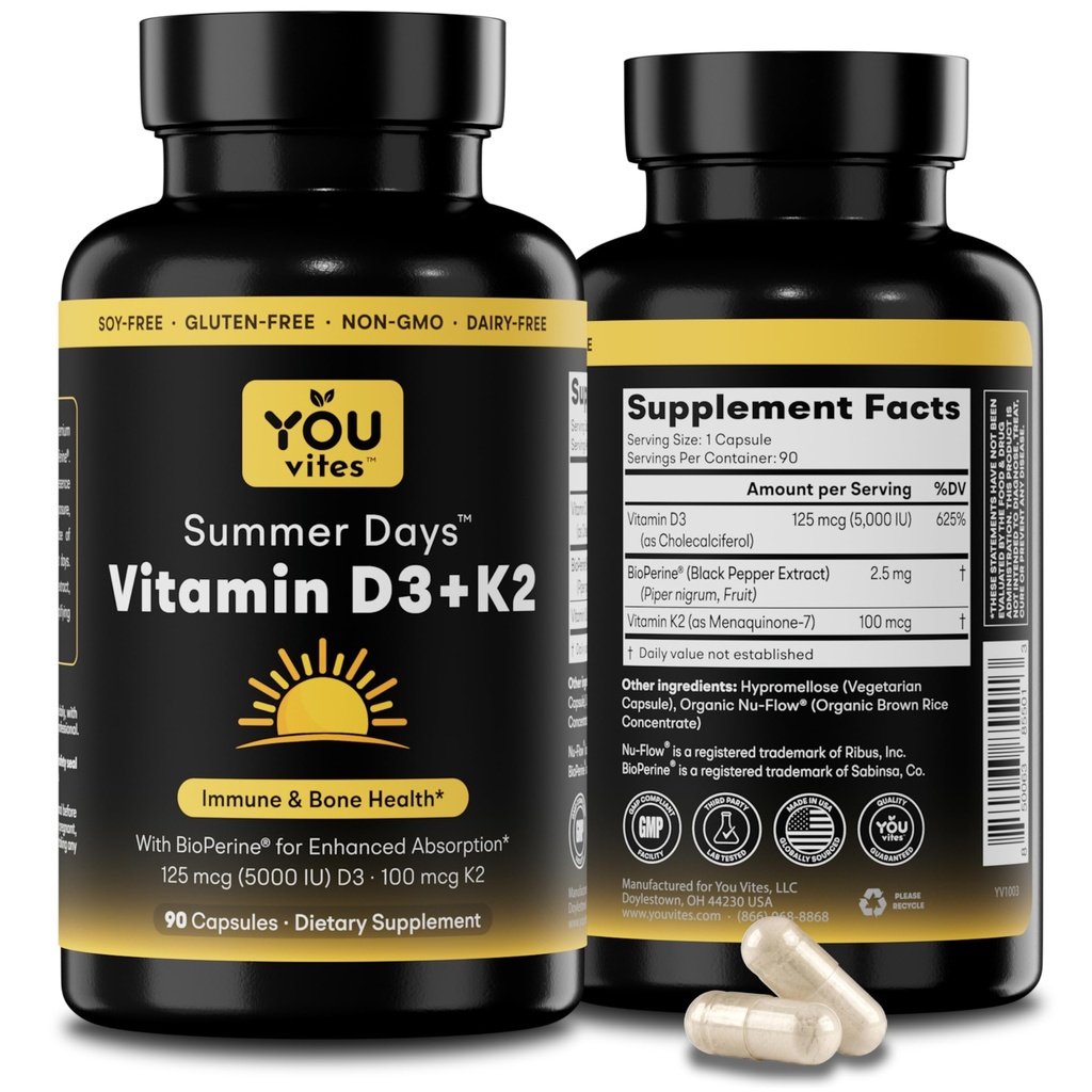 Vitamina D3 + K2 - Assorbimento Max, 5000 IU D3 & 100 mcg K2 MK-7 (Menaquinone-7) con BioPerine - Bone, Cuore e Supporto Immune - Non OGM, Gluten Free, Soy Free - 90 capsule - Supplemento giornaliero