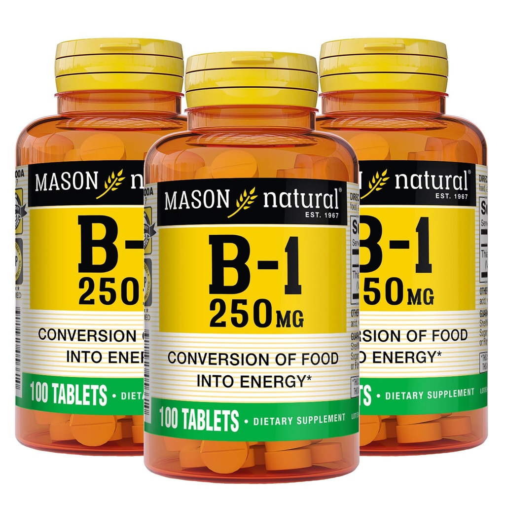 MASON NATURAL Vitamine B1 Thiamine 250 mg, 300, jour d'approvisionnement, supplément alimentaire pour soutenir les niveaux d'énergie naturelle, 100 comprimés (paquet de 3)