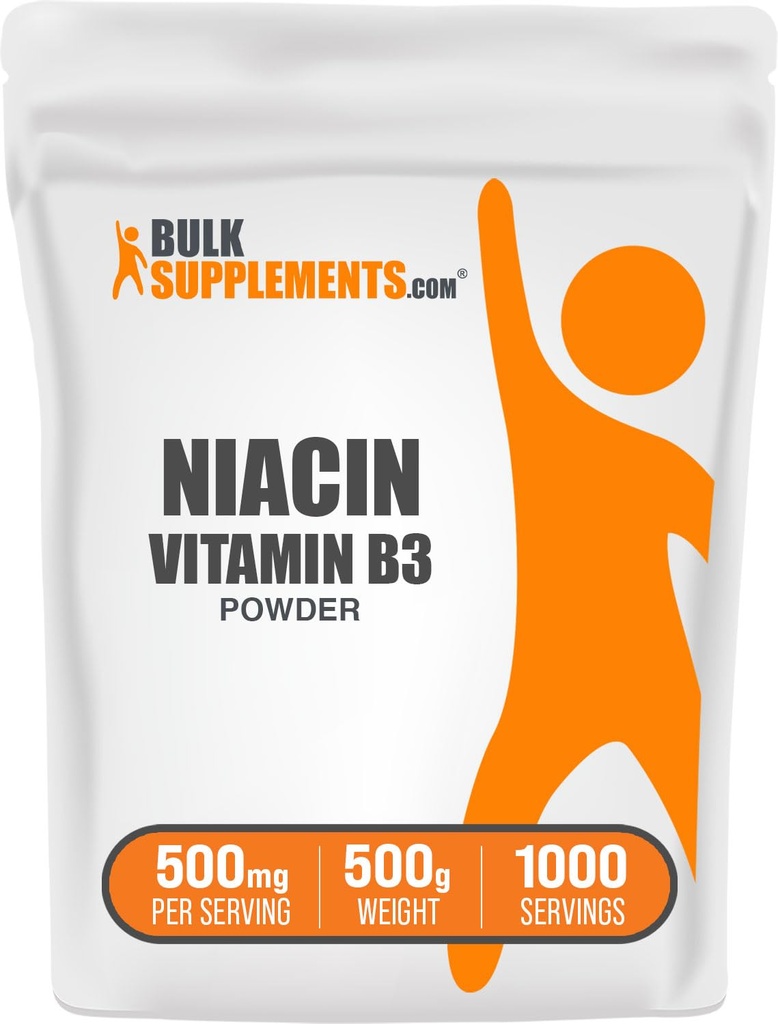 BulkSupplements.com Niacin Pulver - Vitamin B3 Beilage, Niacin 500mg - Niacin Flush, Niacin mit Flushing - Glutenfrei, 500mg Niacin pro Servierung, 500g (1.1 lbs) (Pack von 1)