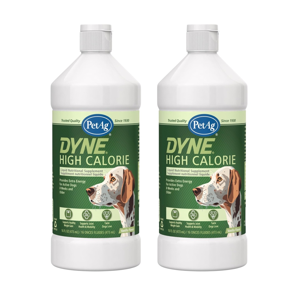 PetAg Dyne High Calorie Liquid Nahrungsergänzungsmittel für Hunde & Welpen 8 Wochen und älter - 16 Unze, Paket von 2 - Unterstützt Leistung und Ausdauer - Sweet Vanilla Flavor