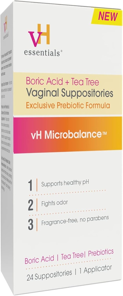 vH essenziali Boric Acid and Tea Tree Vaginal Suppositories - Prebiotics Formula con acido lattico - PH Balance, Odor Control, Feminine Care - 24 Suppositori e Applicatore, Bianco, 2.4 once