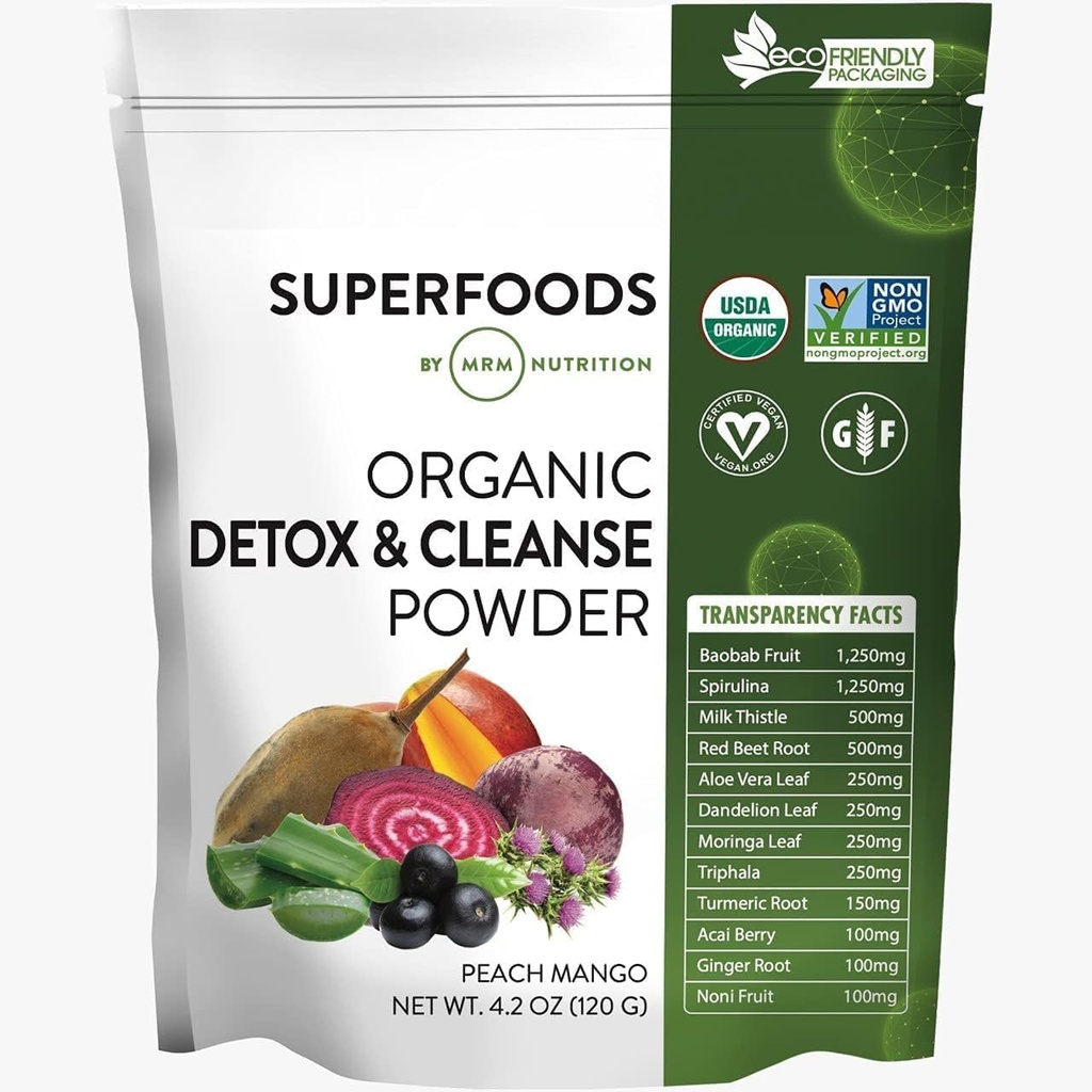 MRM Nutrition Organic Detox and Cleanse Powder | Peach Mango Flavored | Gentle Daily Detox | Superfoods | Antioxidantien + Chlorophyll + Phycocyanin + Elektrolyte | 15 Servierungen