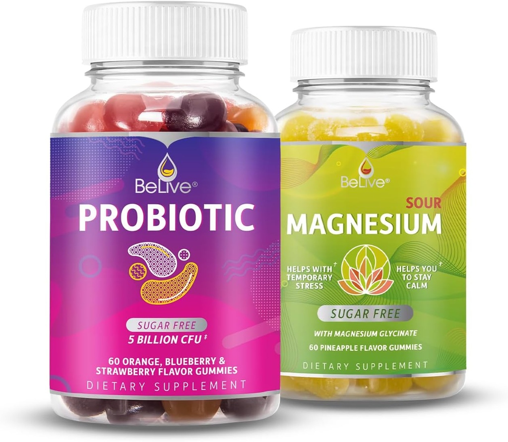 BeLive Probiotico e Magnesio Bundle per la salute digestiva, Salute Gut complessiva, Supporto Inmune, Rilassamento e sonno migliore