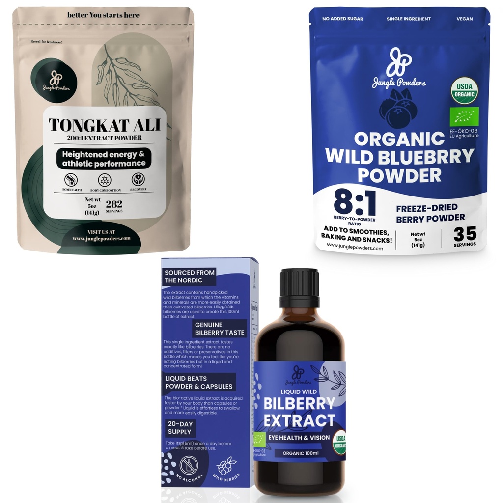 Jungle Powders Ultimate Men's Health & Wellness Bundle: 5oz Tongkat Ali Powder, 5oz Wild Blueberry Powder & 3.4oz Organic Bilberry Liquid Extract - Premium Supplements für Drive, Passion, Eyesight