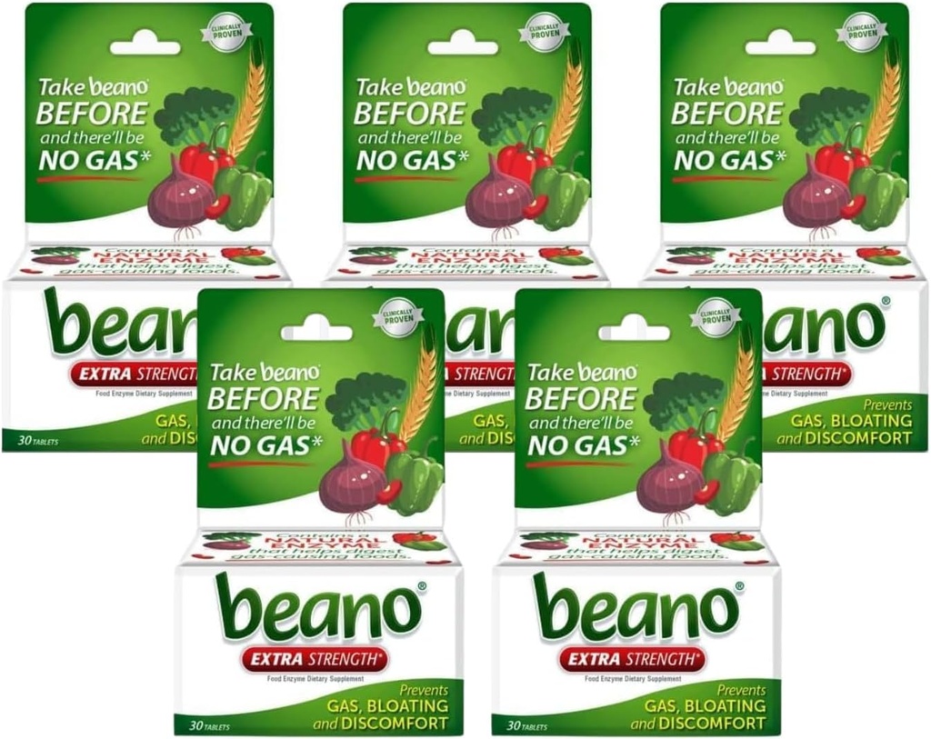 Beano Extra Strength, Gas Prevention & Verdauungsenzym Supplement, 30 Count (Pack mit 5)