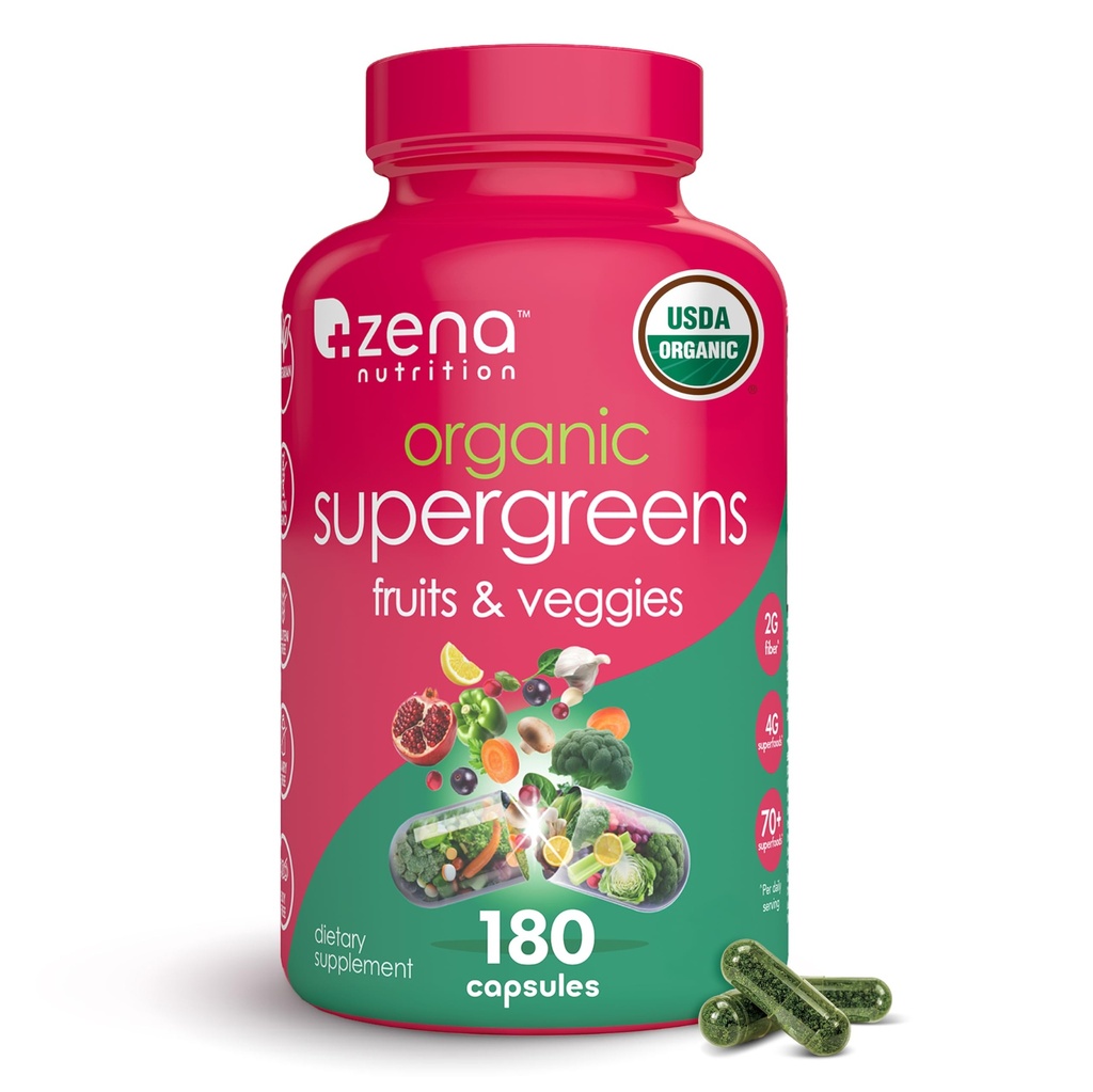 Zena Nutrition Organic Super Greens Fruit & Veggies Supplement, 70+ Superfoods aus Obst & Gemüse, 3g Fiber, Spirulina, Chlorella, Prebiotics & Probiotics, Verdauungsenzyme, 180 Kapseln