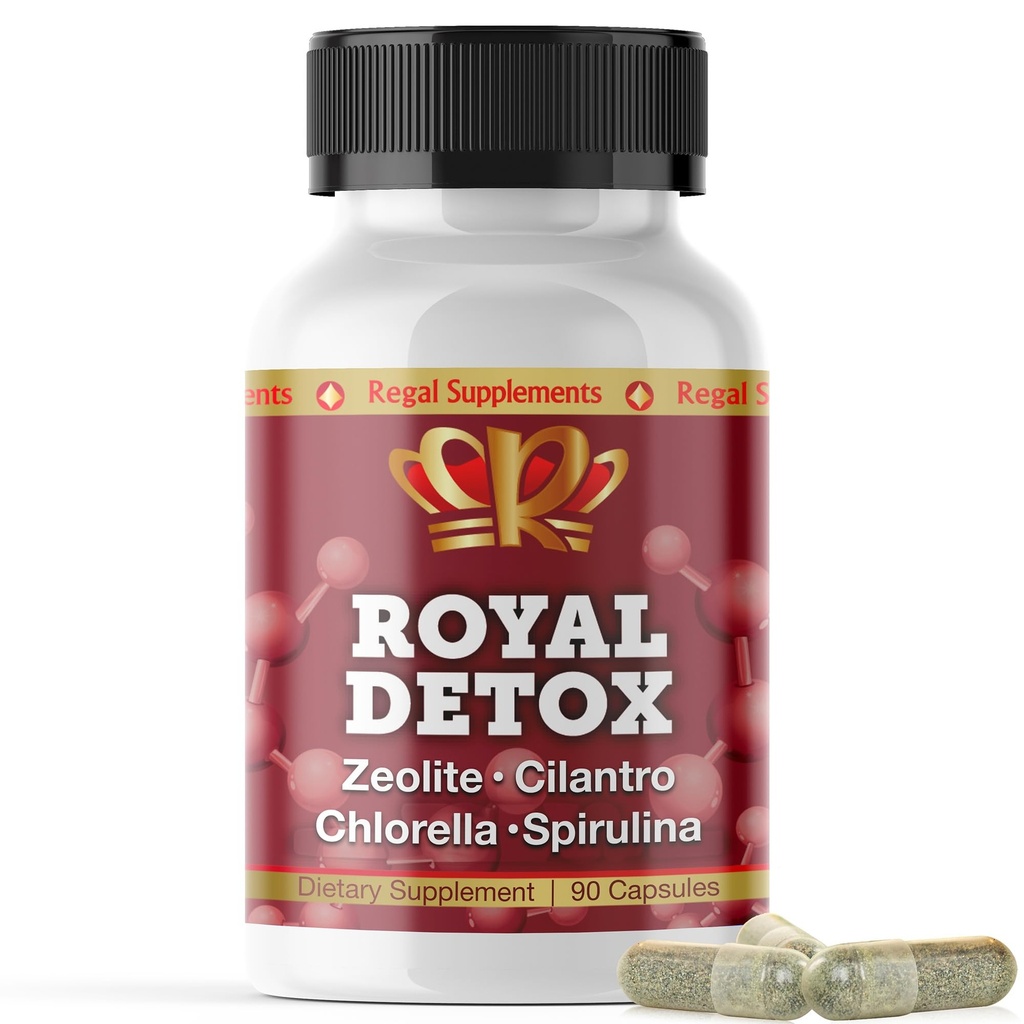 Royal Detox - All-in-One Cleanse (tout-en-un) Zeolite, Cilantro, Chlorella, Spiruline, Pectine de pomme (tout le corps), Foie, Colon Detox (tout-en-un) soutient l'énergie, l'humeur, l'immunité, la santé des intestins, l'inflammation réduite 90 capsules