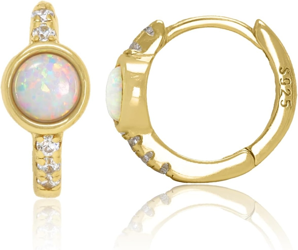 14K Vergoldet 925 Sterling Silber Erstellt Weiß Opal Huggie Hoop Ohrringe