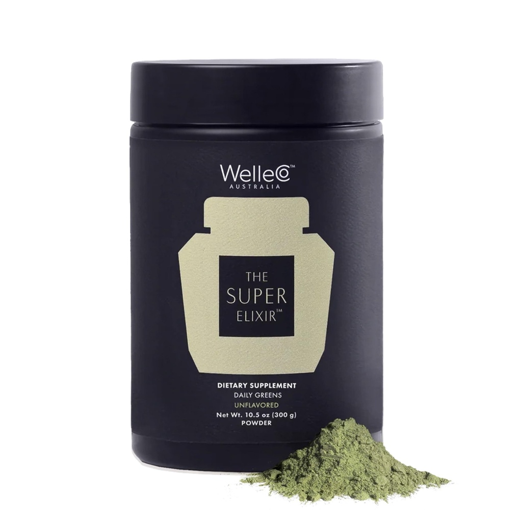WelleCo Il Super Elixir Daily Greens Polvere, Probiotic Drink Mix con Whole Foods, Gluten Free, Vegan Gut Health Powder, Energy, Immunity, Healthy Skin, Hair & Nails (300g, Unflavored) Jar