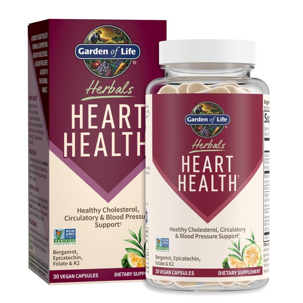 Garten des Lebens Kräuter Herz-Gesundheits-Ergänzung mit Folat, Bergamotte, Grüner Tee & Vitamin E & K für Cholesterin, Zirkulations- & Blutdruck-Unterstützung, Non-GMO, Glutenfrei, Citrus Flavor, 30 Servierungen