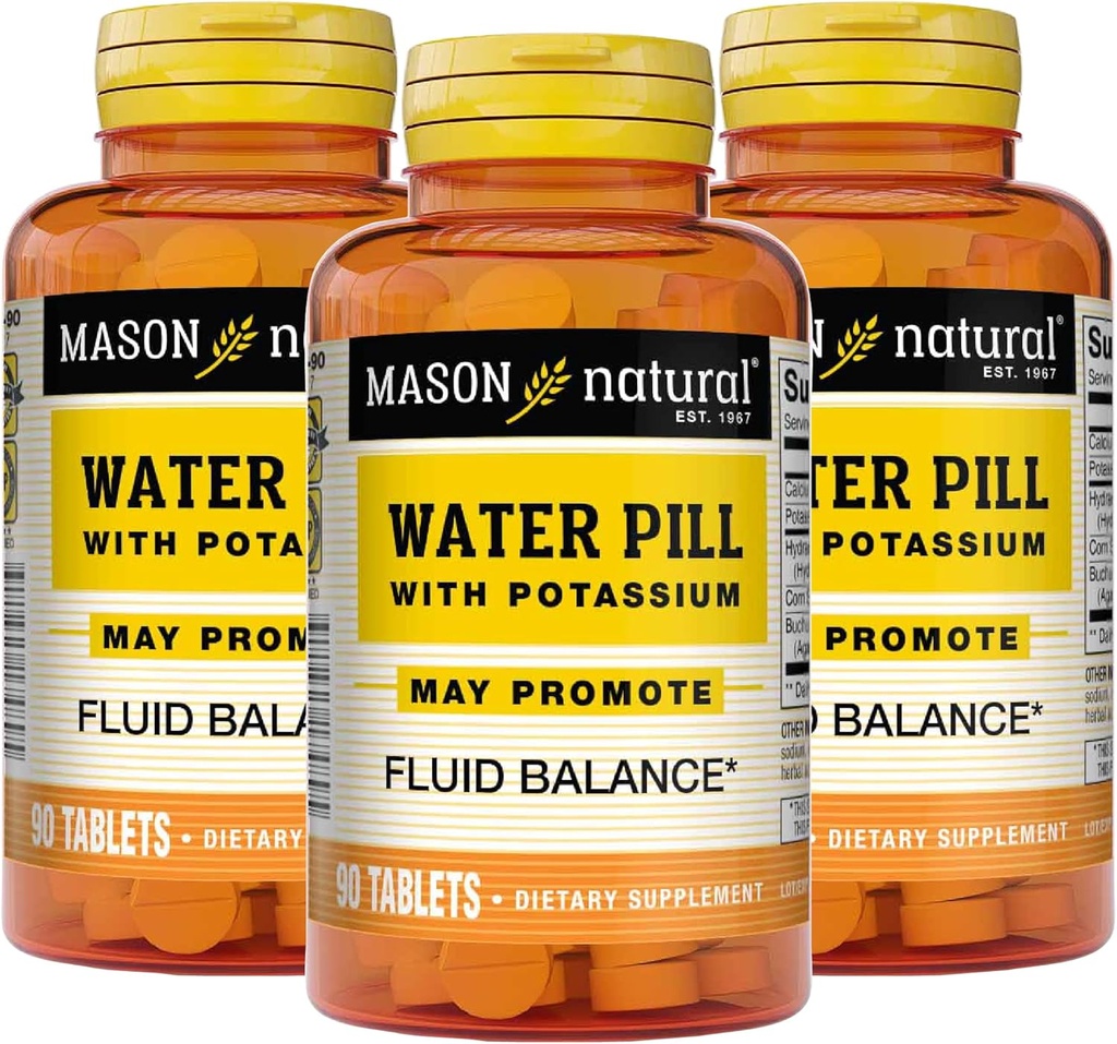 Mason Natürliches Wasser Pille mit Kalium und Kalzium - unterstützt Fluid Balance, hilft Bloating und Swelling, Natürliche Diuretische Ergänzung, 90 Tabletten (Pack von 3)