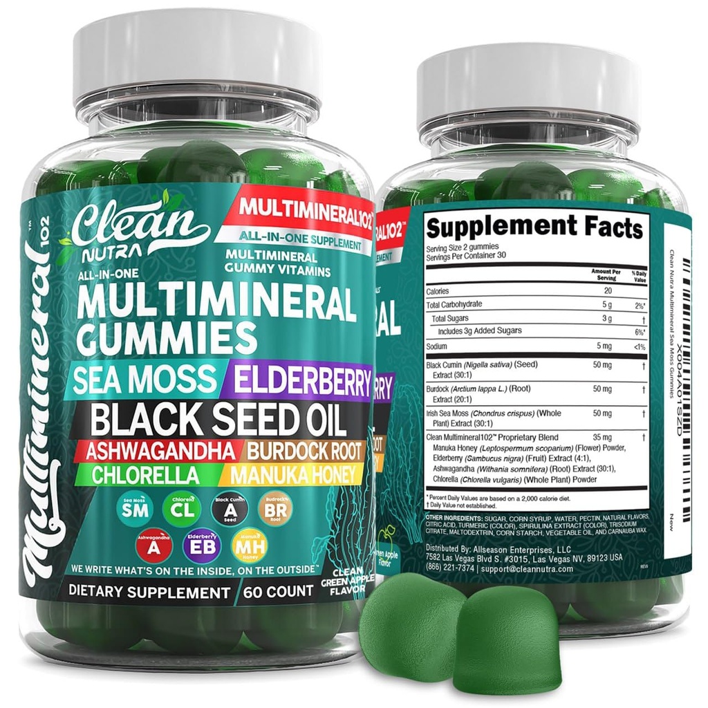 Gummies de la mousse de mer (Clinically Tested) - Huile de graines noires Ashwagandha Racine de lard Chlorella Manuka Miel - Végétalien Irlandais Vitamines de la mousse de mer pour adultes Enfants Hommes Femmes - Saveur de pomme verte