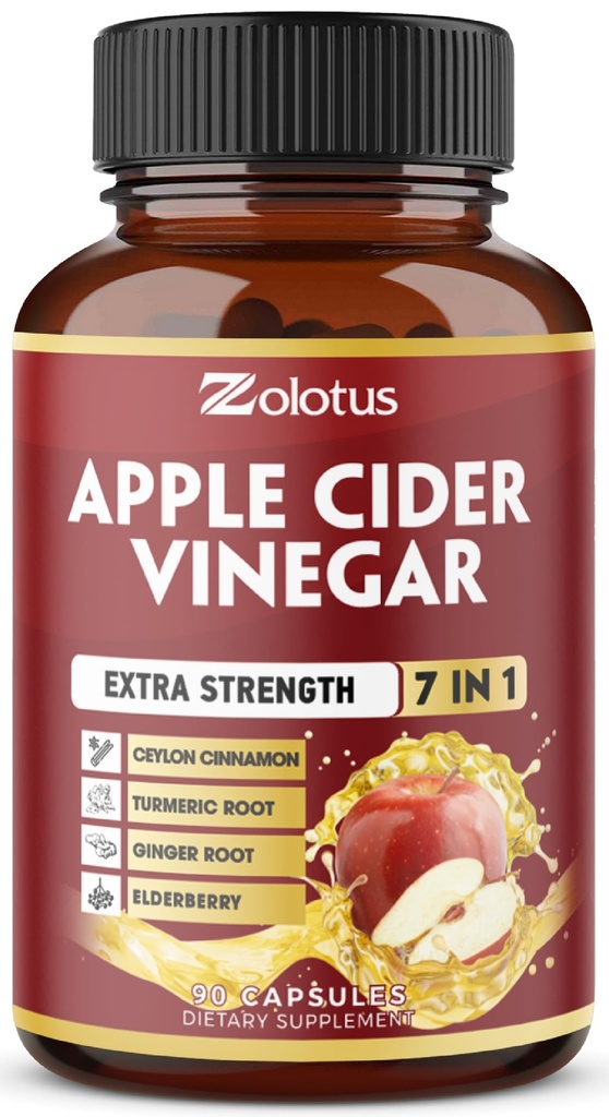 Zolotus 7 en 1 Capsules de vinaigre de cidre de pomme, 3 mois d'approvisionnement avec cannelle Ceylan, racine de gingembre, curcuma, Elderberry pour supports Digestion, Immune, 90 Capsules