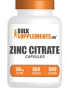BulkSupplements.com Zink Citrat Kapseln - Zink Ergänzungen, Glutenfrei - 30mg pro Servierung, 1 Kapsel pro Servierung, 500 Zähler (Pack von 1)