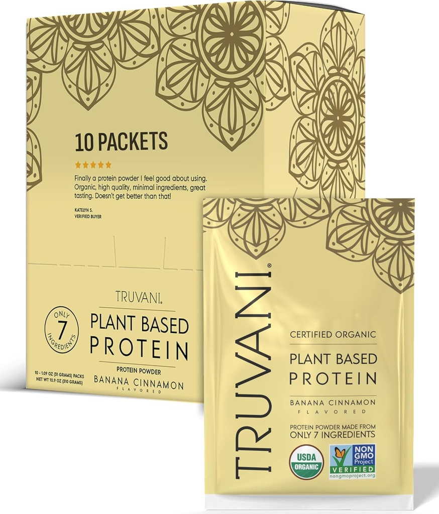 Truvani Vegan Pea Protein Pulver | Banana Cinnamon | 20g Bio Pflanzen basiertes Protein | Single Servieren Reisepakete | 10 Servierungen | Keto | Gluten & Dairy Free | Low Carb | Kein hinzugefügt Zucker