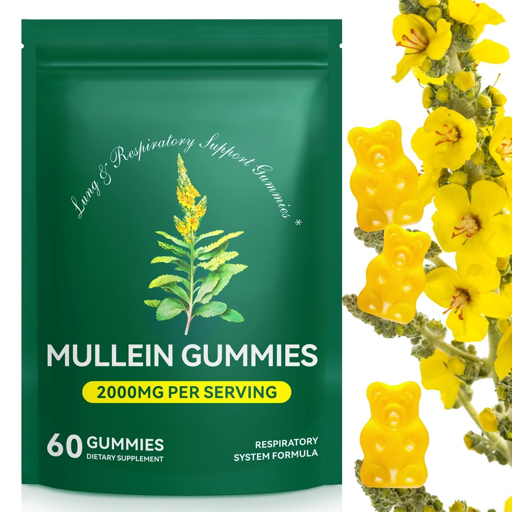 Gommies Mullein pour Détox pulmonaire, 2000mg Extrait de feuille Mullein pour support respiratoire et digestif et immunitaire, supplément biologique à base d'herbe Mullein pour le soulagement du mucus pour les gommes respiratoires, immunitaires, véganes 60