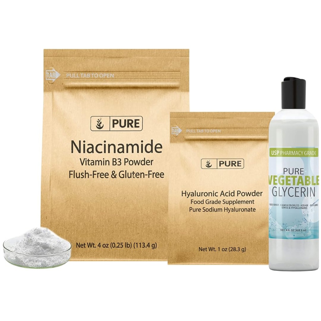 Pure Original Zutaten Hyaluronsäure, Niacinamid und Glycerin Bundle, verschiedene Größen, Odorless, farblos