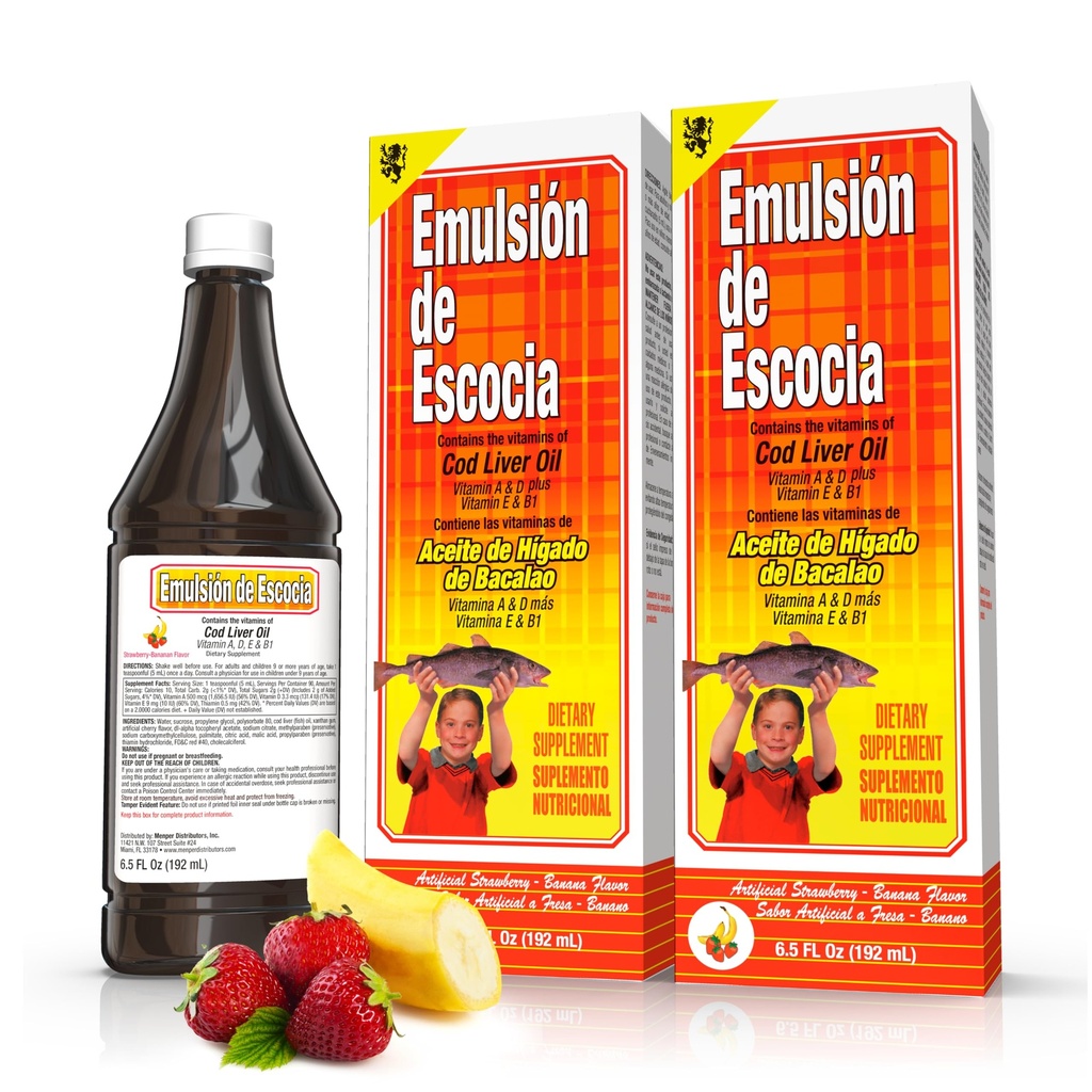 Emulsión de Escocia Cod Liver Oil Liquid Supplement mit Vitaminen A, D, E & B1 - Natural Fish Oil Omega 3 für Kinder & Erwachsene - Delicious Strawberry Banana Flavor - 6.5 Unze (2-Pack)
