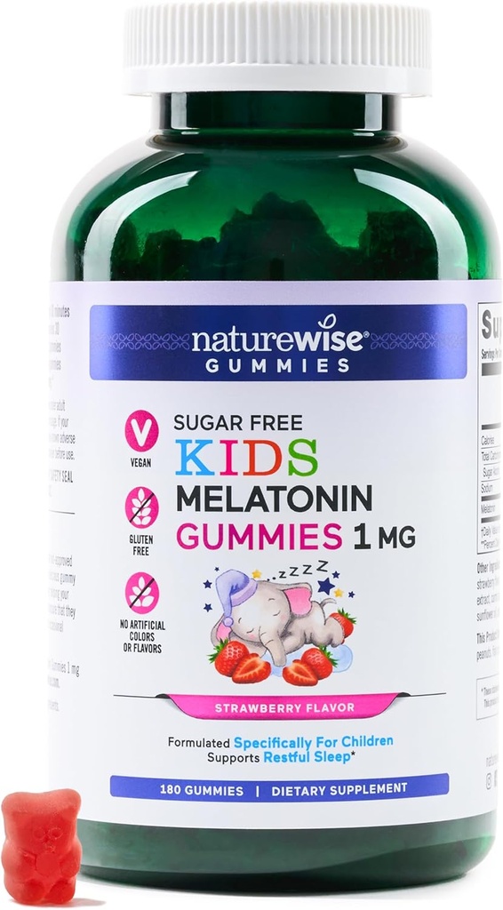NatureWise Kids Melatonin 1 mg Gummie senza zucchero per bambini Età 4 &amp; Up - Non-Habit Forming Sleep Aid - Strawberry Flavored - Vegan, No Gluten, Non-GMO - 180 Count[6-Month Supply]
