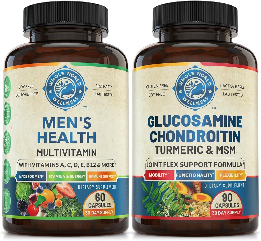 Mens Daily Multivitamins & Advanced Joint Support Bundle (una bottiglia ogni). Supporta collettivamente il benessere olistico, l'energia potenziata e la salute comune. USA Made.