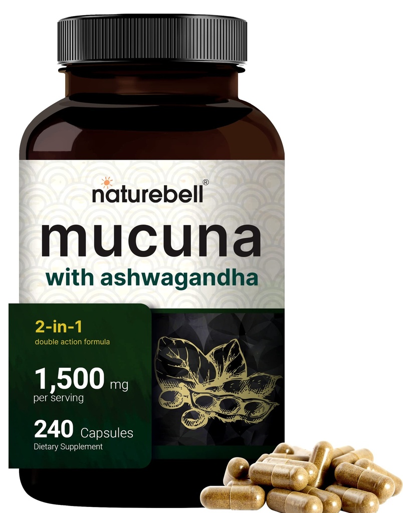 Capsule Mucuna Pruriens, Triple Strength 1500mg Per Serving, 2 in 1 Formula, Realizzati con Mucuna e Ashwagandha, 240 Capsule, Potent Seed Extract, Positive Mood, Relax & Restoration Support
