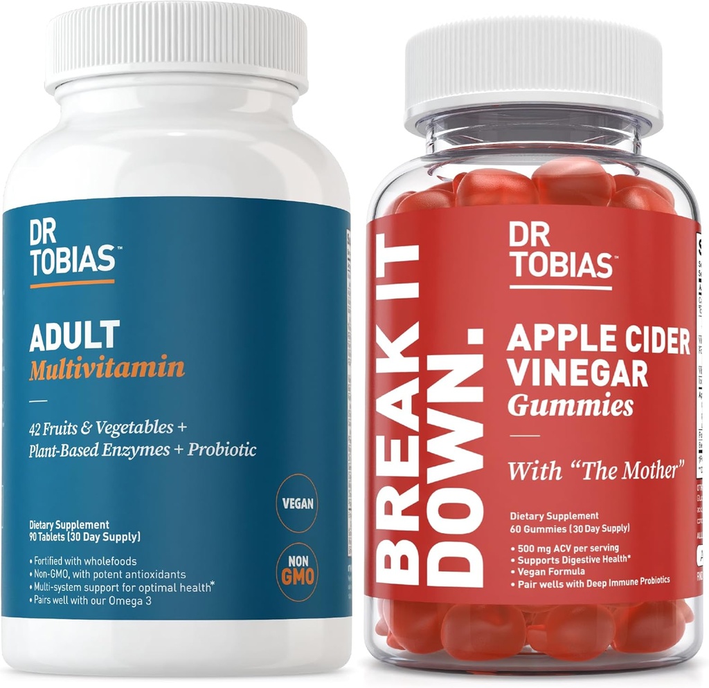 Dr. Tobias Adult Multivamin & Apple Cider Essiggummis, unterstützt Energie, Immunität & Gut Gesundheit, mit 42 Obst & Gemüse Plus Probiotics, Cludes Die Mutter, FOlate, B12