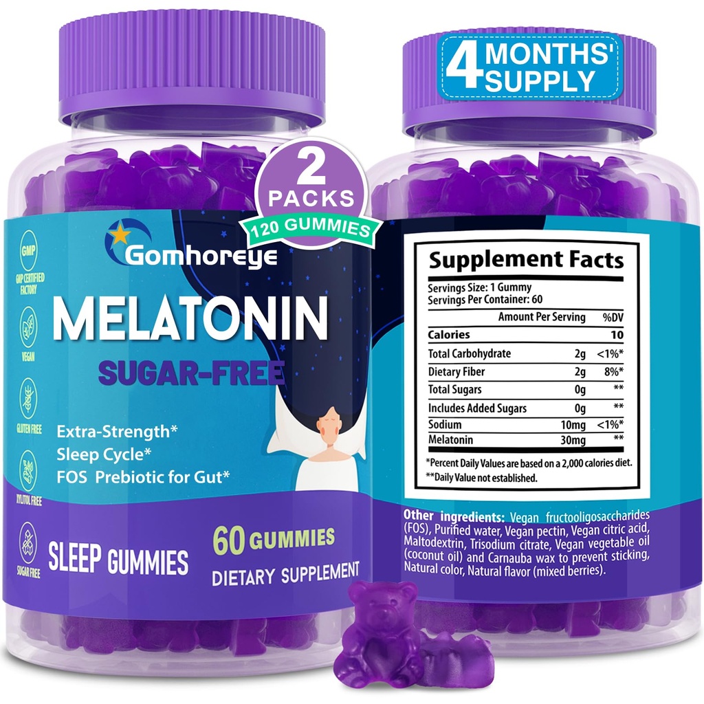 Melatonin Gummies 30mg per Adulti - Massima resistenza Melatonina Gummies per Relax & Soothing, Exogenous Melatonin Supplement con FOS per Immune, Gut Health e pH Balance, Sugar Free -120 Counts