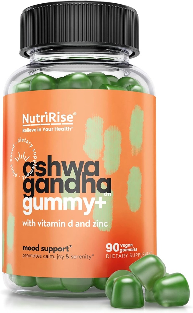 Gummie di Ashwagandha ad alta potenza di Nutririse con vitamina D, zinco, sostiene il rilassamento naturale, sonno e immunità, superfood della polvere di spinaci, 30:1 estratto di radice concentrato equivalente a 2250 mg, 90 conte