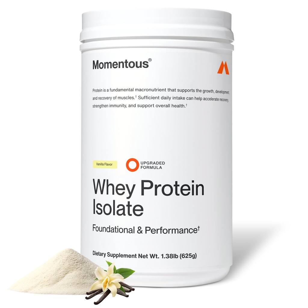 Momentous Essential Grass-Fed Whey Protein Powder - 20 g Whey Isolate Protein - NSF Certificato per lo sport - Gluten-Free - 24 Serve per l'uso quotidiano essenziale - Vanilla - Pacchetto May Vary
