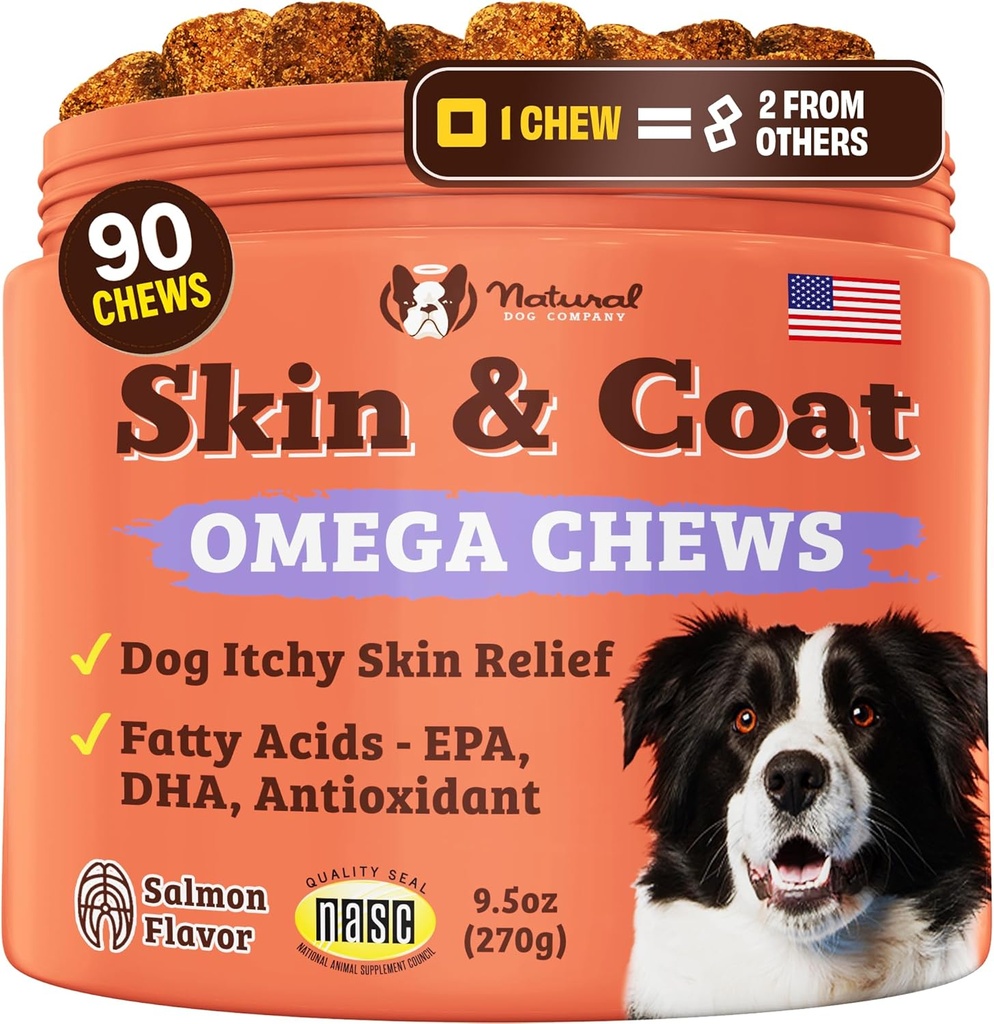 Natural Dog Company Skin & Coat Supplement per cani – Omega 3 Salmon Oil, Biotin & Vitamina E supporto Shiny Coat, pelle sana & normale spargimento, promuove il comfort da occasionale Itch, 90 Conte