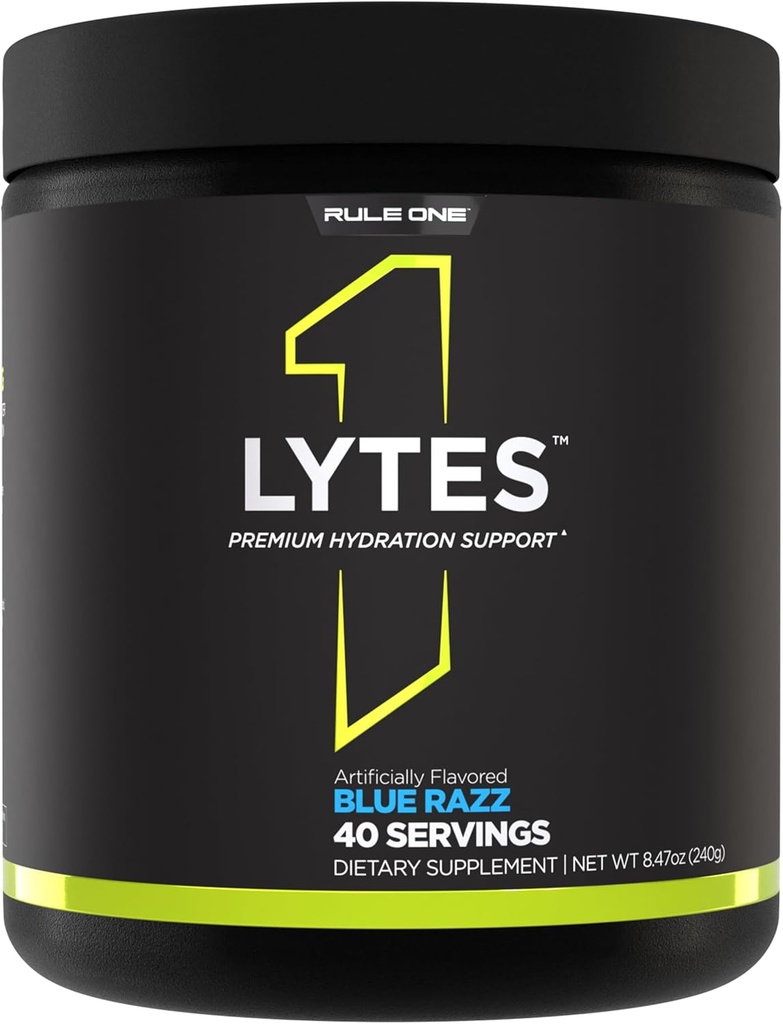 Règle 1 Lytes - Mélange de soutien à l'hydratation comportant 5 minéraux électrolytes améliorés avec de la citrulline, de l'eau de coco et des poudres de pastèque, plus de vitamine C antioxydante (40 portions, razz bleu)