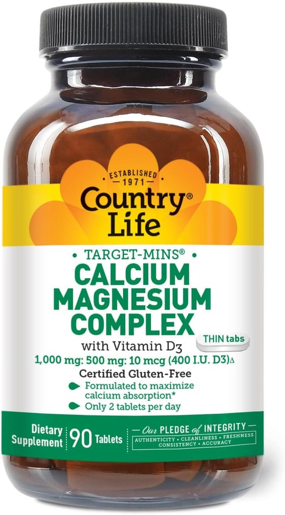 Country Life Target-Mins Calcium Magnesium mit Vitamin D-Komplex, 1000mg/500mg/10mcg, 90 Tabletten, zertifiziert Glutenfrei, zertifiziert Vegetarisch